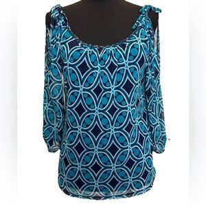 INC Women's Blue/ White Printed Cold Shoulder Lined Blouse, Beaded, Ties, Medium